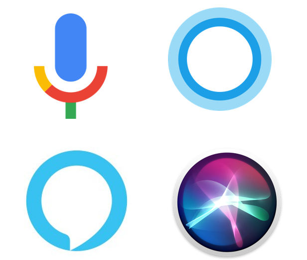 Logos of voice search assistants Google, Microsoft Cortana, Amazon Alexa and Apple Siri